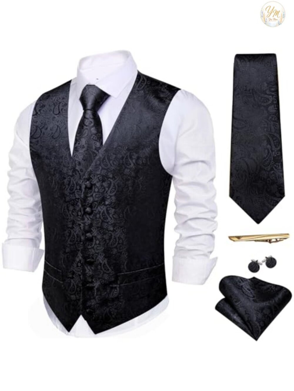 Men's Paisley Silk Blend Vest Tie Set 5PC Formal Wedding Business